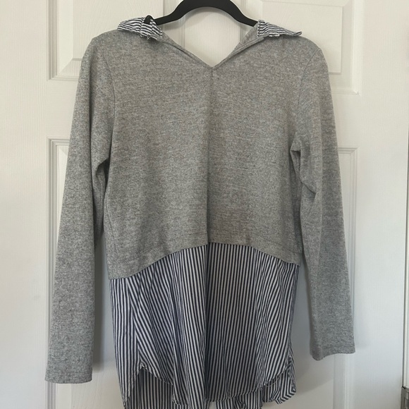 Faux Layered Top - Gray Sweater with Striped Dress Shirt - Picture 2 of 4